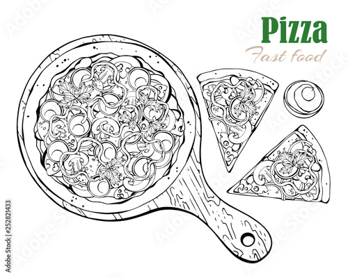 Vector illustrations on the fast food theme: pizza on a board. Isolated objects for your design. Each object can be changed and moved.