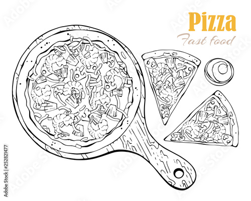 Vector illustrations on the fast food theme: pizza on a board. Isolated objects for your design. Each object can be changed and moved.