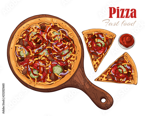 Vector illustrations on the fast food theme: pizza on a board. Isolated objects for your design. Each object can be changed and moved.