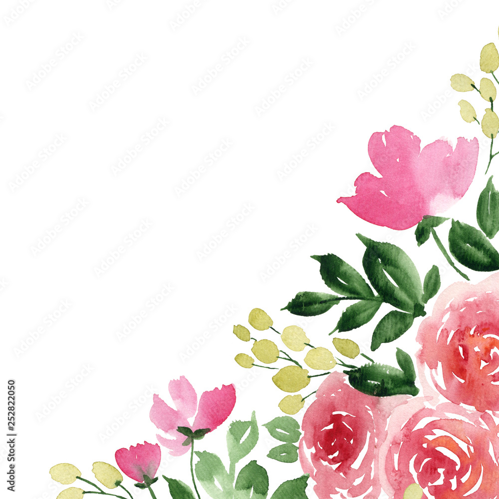 Watercolor background with tea rose flowers. Hand painted floral corner