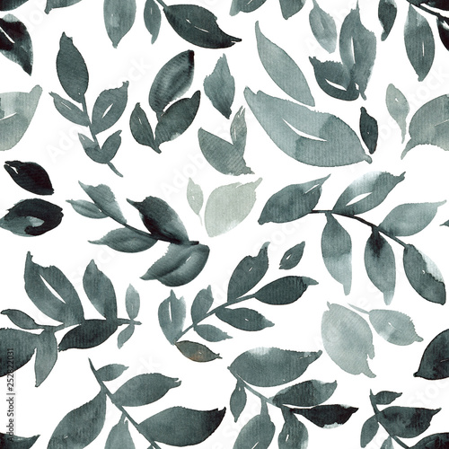 Watercolor seamless floral pattern with indigo leaves