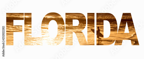 Word Florida with a surfer and the ocean at sunset on white background
