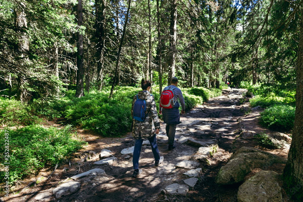 Couple tourist walking hiking trail backpacks Healthy lifestyle