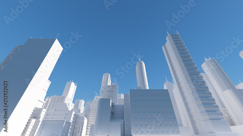 3d render of abstract bright city with skyscrapers. Simple forms of buildings in daylight.