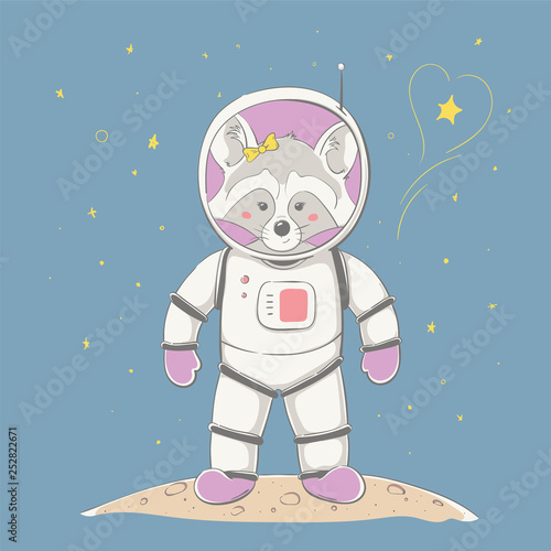 Lovely cute raccoon girl stand on the planet in space. Space series of children's card