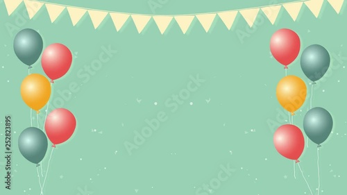 Colorful cartoon animation of air balloons. Kids party with confetti background. Seamless loop 4K animated motion graphic.