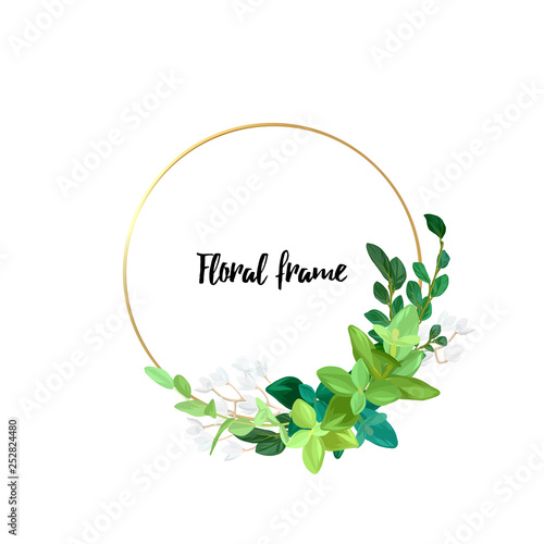 Wallpaper Mural Round metallic gold frame with white flowers, eucalyptus leaves and succulent plants. Modern minimalistic vector design. Torontodigital.ca