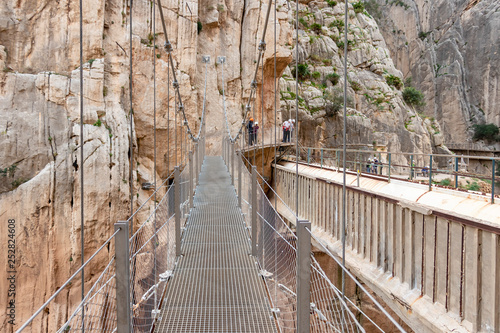 Bridge in gorge of the Gaitanes in el Caminito del Rey (The King's Little Path). A walkway, pinned along the steep walls of a narrow gorge in El Chorro, near Ardales in the province of Malaga, Spain