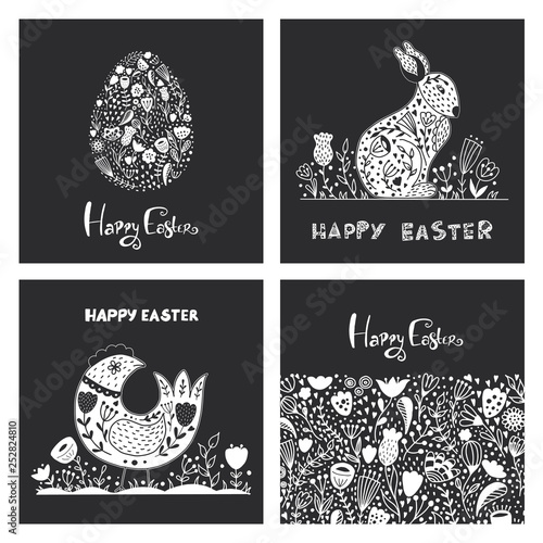 Folk art set of with Easter egg, rabbit, chicken, flowers in scandinavian style.