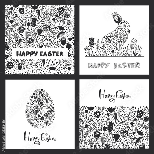Folk art set of with Easter egg, rabbit, chicken, flowers in scandinavian style.