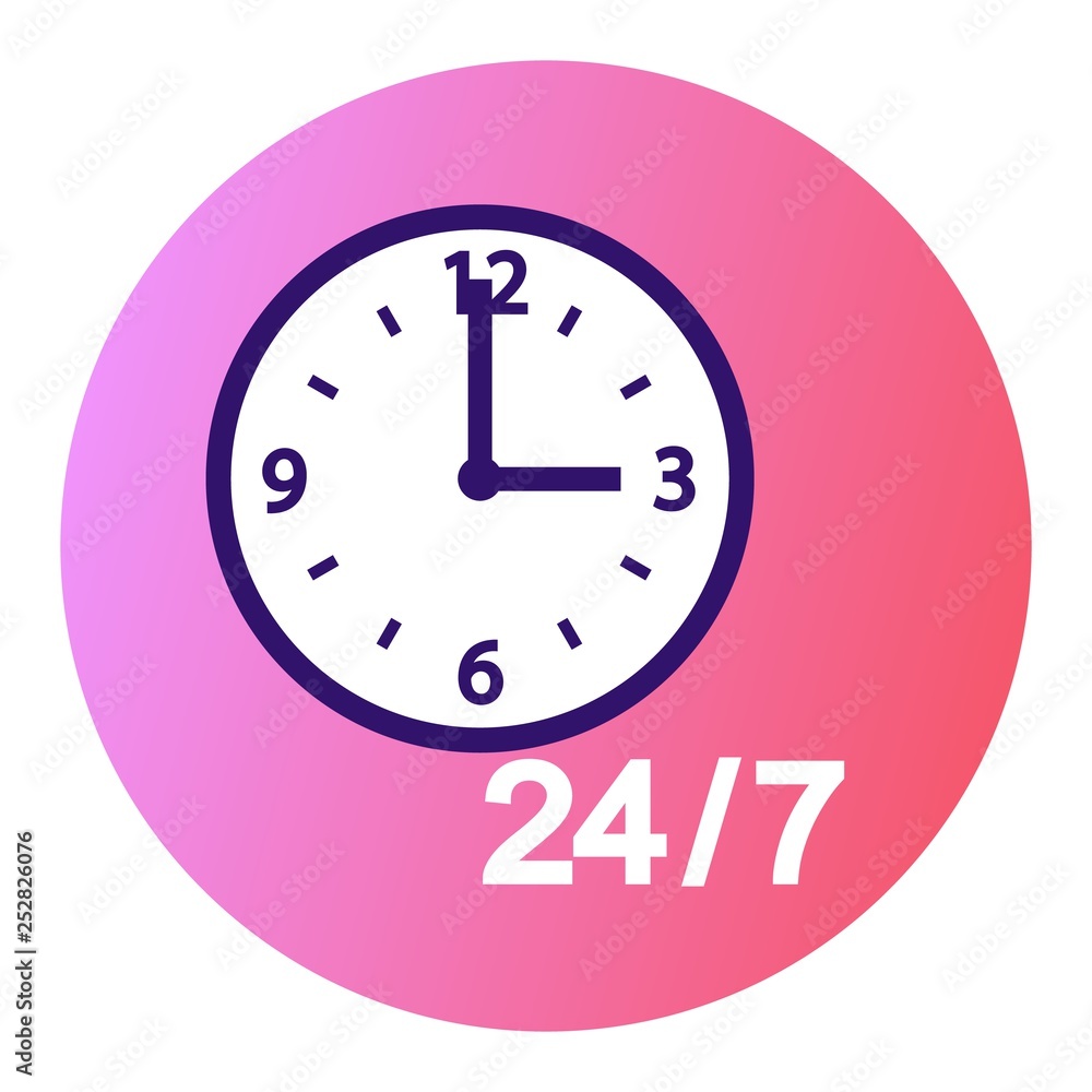 Round-the-clock service flat icon in a round frame on a pink gradient background Round-the-clock service flat icon in a round frame on a pink gradient background