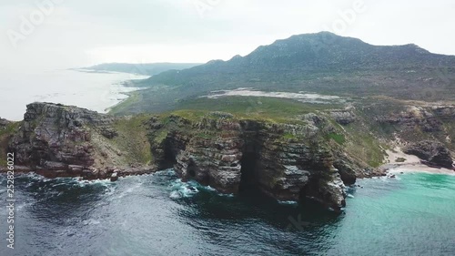 An aerial shot of the Cape Of Good Hope and Cape Point where Indian and Atlantic Oceans meet at the southern tip of South Africa.