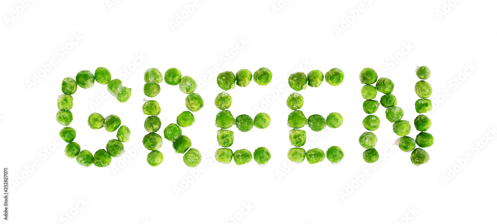 Frozen green peas on a white background