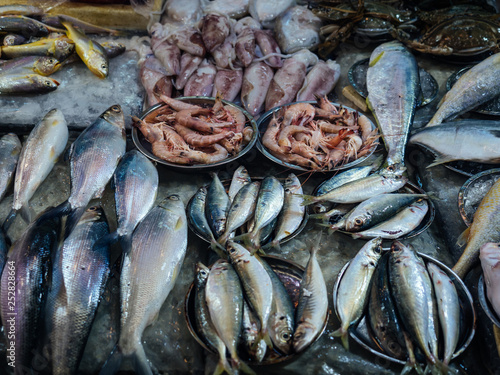 Display of fresh seafood on street market stall in Causeway Bay area of Hong Kong Island