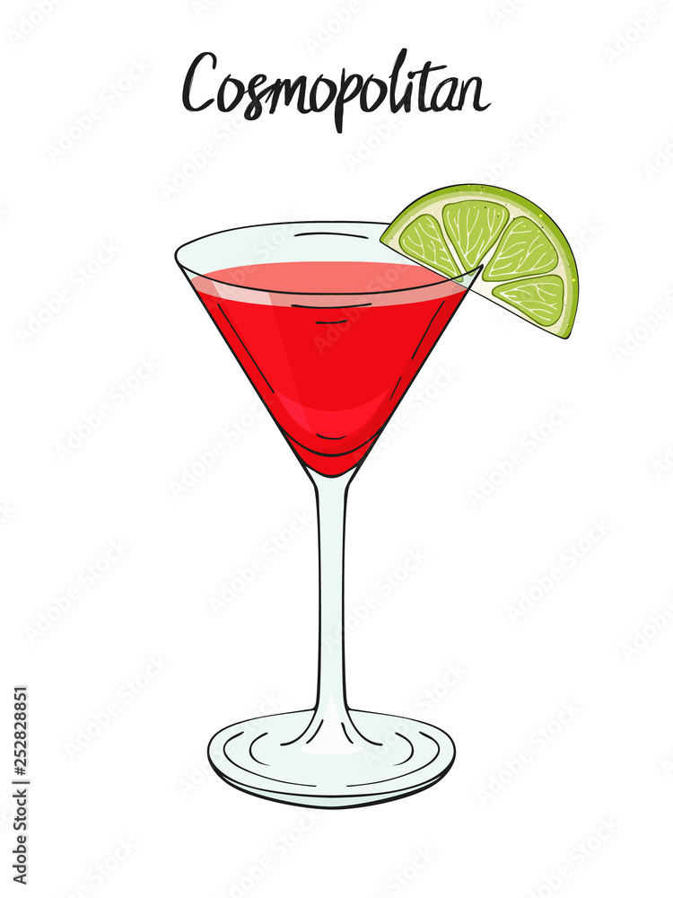 Cosmopolitan cocktail, with lime. For cafe and restaurant menu, packaging and advertisement. Hand drawn. Isolated image. Vector illustration. Cosmopolitan cocktail, with lime. For cafe and restaurant menu, packaging and advertisement. Hand drawn. Isolated image. Vector illustration.