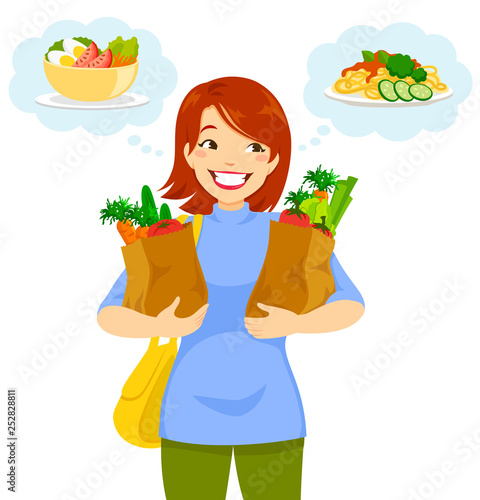 Woman carrying groceries and thinking of the food she will make with them.