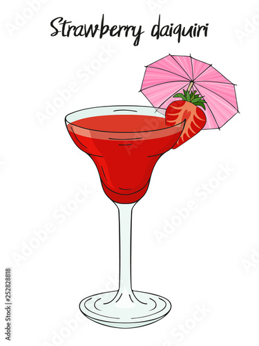 Strawberry daiquiri cocktail, with umbrella, straw. For cafe and restaurant menu, packaging and advertisement. Hand drawn. Isolated image. Vector illustration.