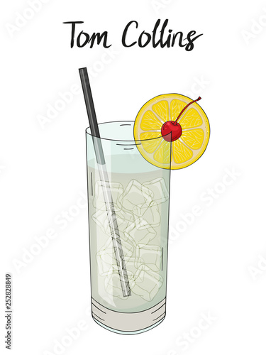 Tom Collins cocktail, with orange, straw and cherry. Hand drawn. Isolated image. Vector illustration.