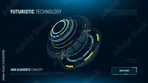 Futuristic technology concept. 3d circular hud element. AI. VR. Infographics of big data. Sci-fi system security. Business tech. Web banner template. Vector illustration.