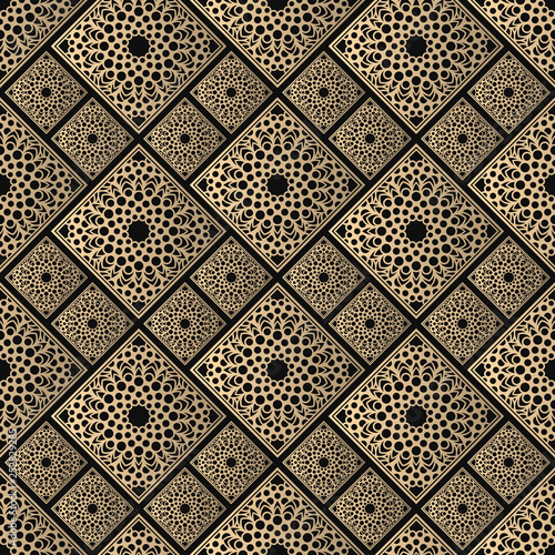 Islamic vector design. Seamless pattern oriental ornament. Black and golden textile print. Floral tiles.