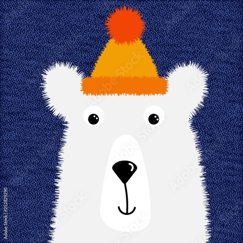 cute fluffy white polar bear in a hat for design of T-shirts, cards, greetings, postcards, vector illustration in cartoon style. great design for any purposes. cute fluffy polar bear for print design.
