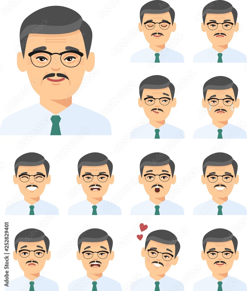 Set of isolated different facial emotions young asian man in colorful flat style. Set of isolated different facial emotions young asian man in colorful flat style.