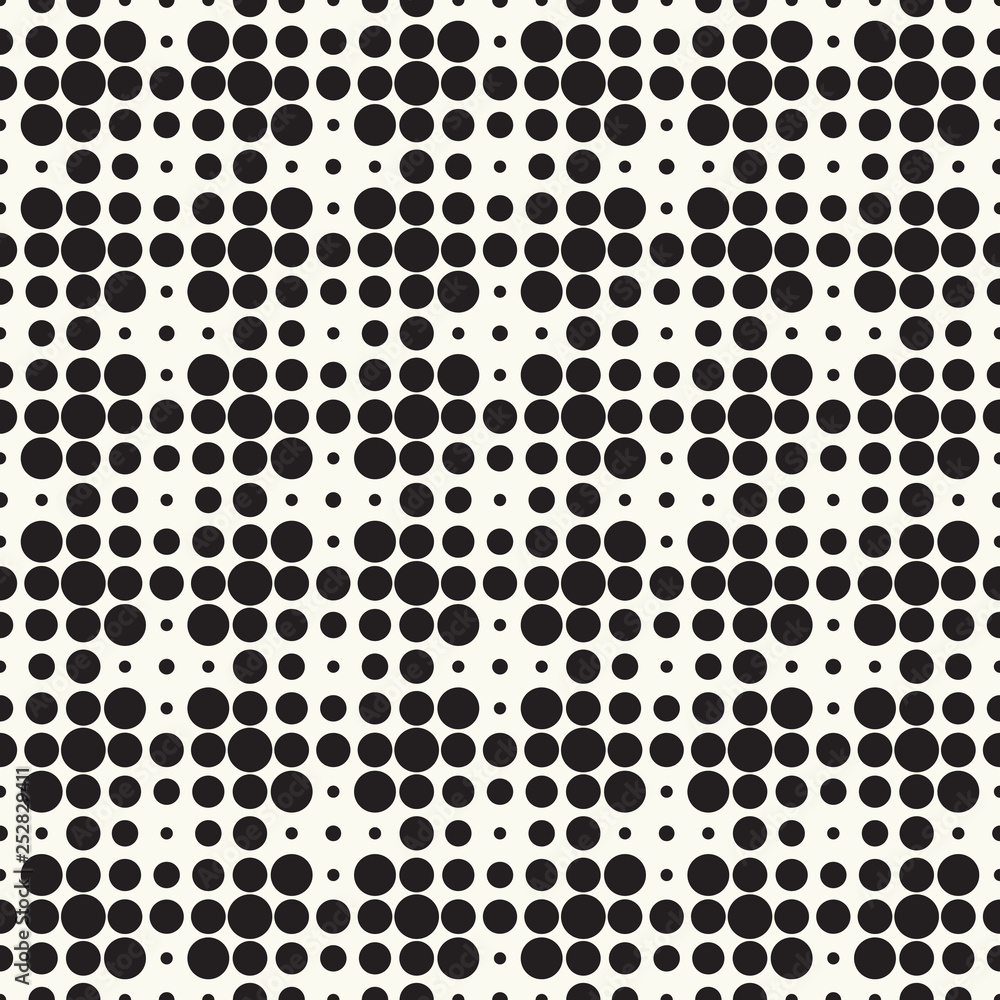 Seamless pattern halftone design. Modern textile print with black dots. Vector fashion background. Grid of circles.