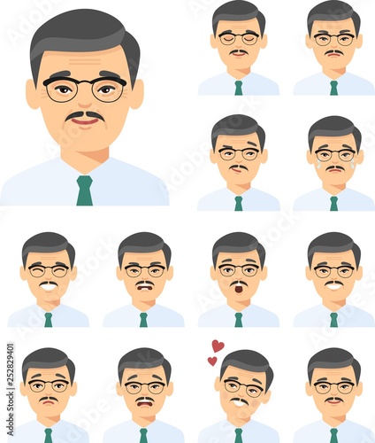 Set of isolated different facial emotions young asian man in colorful flat style.