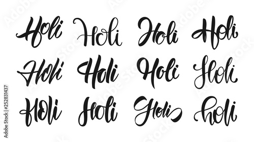 Set of Handwritten brush type lettering of Holi on white background.