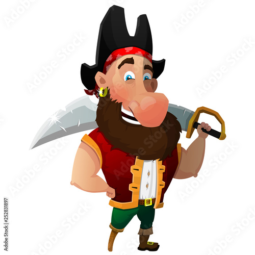 Cartoon pirate with a saber on his shoulder. Vector illustration. Eps 10