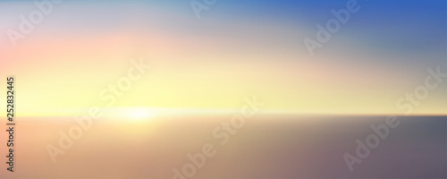 Abstract aerial panoramic view of sunrise over ocean. Nothing but blue bright sky and deep dark water. Beautiful serene scene. Romantic Vector illustration. EPS 10
