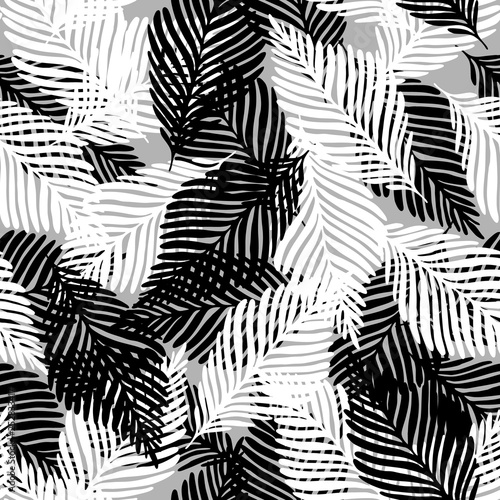 Plant palm leaf tropic seamless pattern. Abstract black and white background.