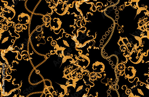 Baroque pattern with golden chains, fishes and anchors. Vector seamless marine patch for scarfs, print, fabric.