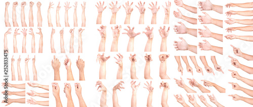 MEGA SET of Multiple Male Caucasian hand gestures isolated over the white background, set of multiple images. Zombie Hand Pose.