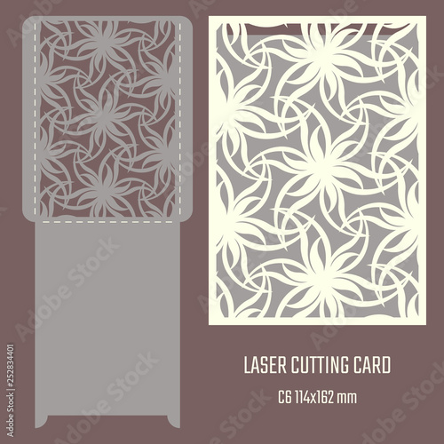 DIY laser cutting vector envelope. Wedding die cut invitation template. Cutout silhouette card. Scrapbook carved paperwork. Floral layout.