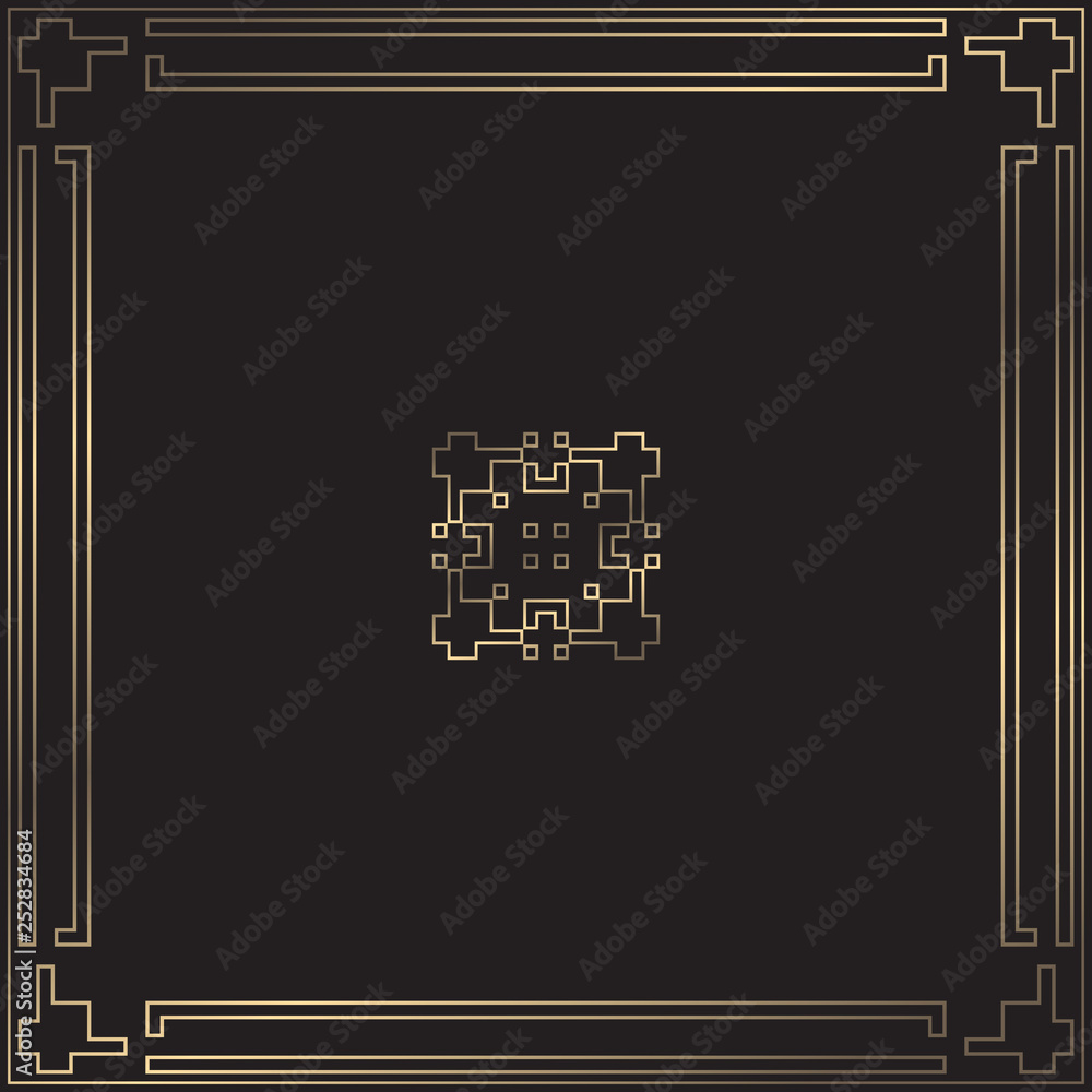 Vector card. Art Deco style. Dark golden geometric frame on black background. Art Deco logotype. Luxury pattern. Minimal design. Vector card. Art Deco style. Dark golden geometric frame on black background. Art Deco logotype. Luxury pattern. Minimal design.