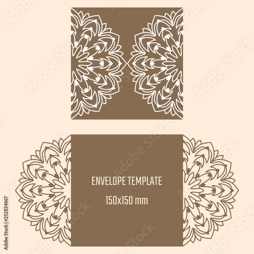 Laser cutting vector envelope. Wedding die cut invitation template. Cutout silhouette card. Scrapbook carved paperwork. Floral layout. Lacy mandala decal.