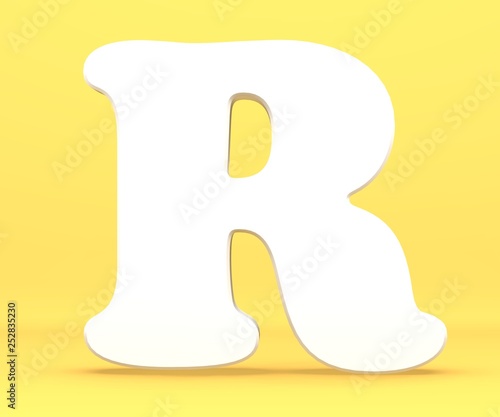 3d rendering illustration. White paper letter alphabet character R font. Front view capital symbol on a blue background.