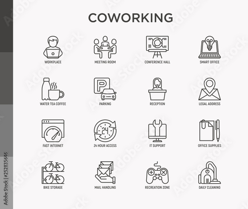 Coworking office thin line icons set: workplace, meeting room, conference hall, smart office, parking, reception, legal address, fast internet, 24 hour access, IT support. Vector illustration.