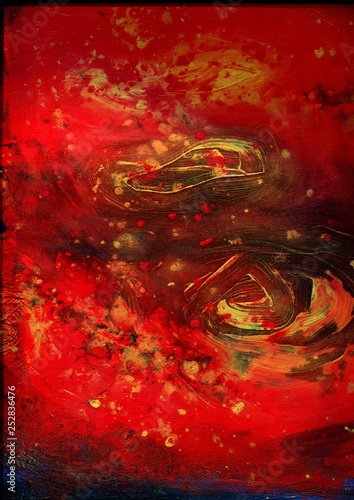 A fiery red and orange abstract painting  acrylics on canvas