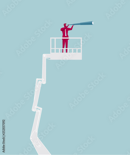Businessman holding a telescope. on the elevator.The background is blue.