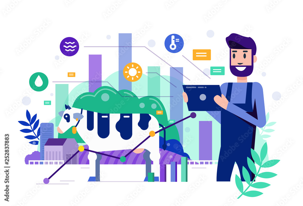 Smart farmer using tablet to monitor and control cow farm. Modern agriculture concept. Flat design elements. Vector illustration