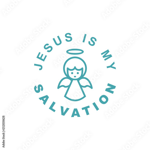 Vector illustration a little angel with a nimbus over the head. Text Jesus is my Salvation. Orthodox Christian and Catholic belief. Flat design. Monochrome