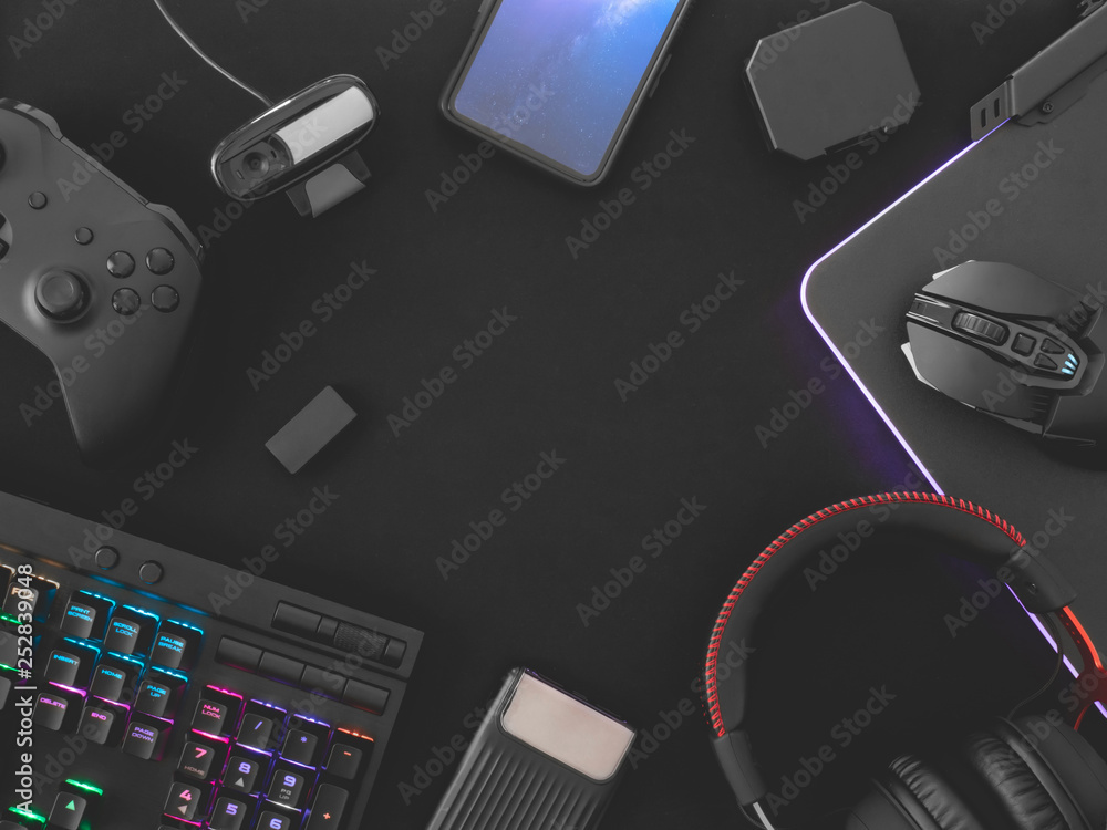 streaming games concept, top view a gaming gear, mouse, Webcams