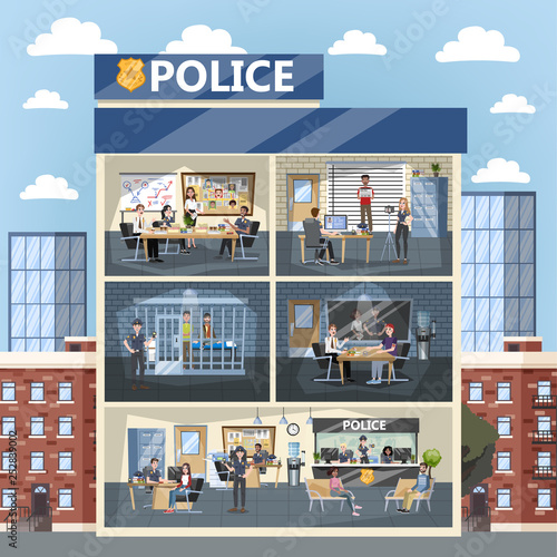 Police station building interior. Police officer inside
