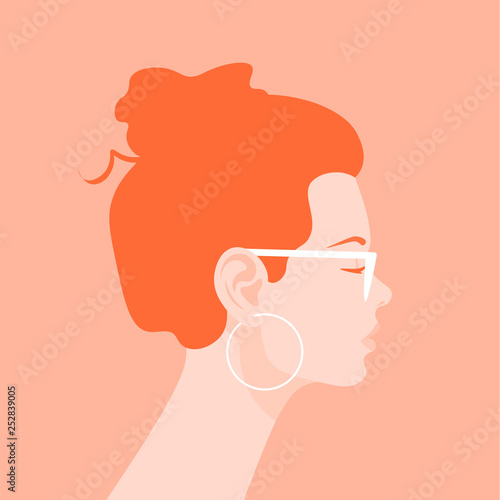 Profile of a young woman. Avatar of a redhead girl with a fashionable hairstyle. Portrait. Vector flat illustration