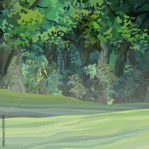 Cartoon green dense summer forest with empty green glade
