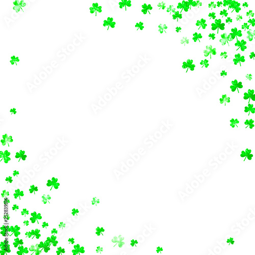 Saint patricks day background with shamrock. Lucky trefoil confetti. Glitter frame of clover leaves. Template for gift coupons, vouchers, ads, events. Holiday saint patricks day backdrop. © Holo Art