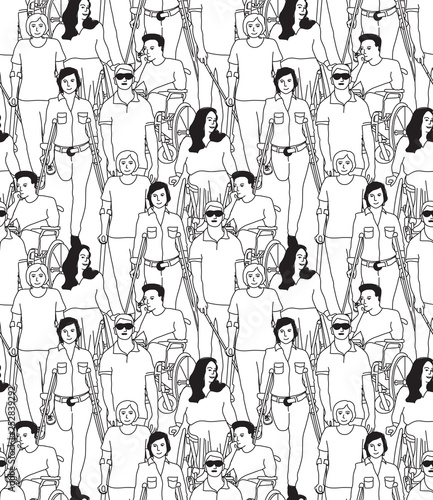 People with disabilities black and white seamless pattern
