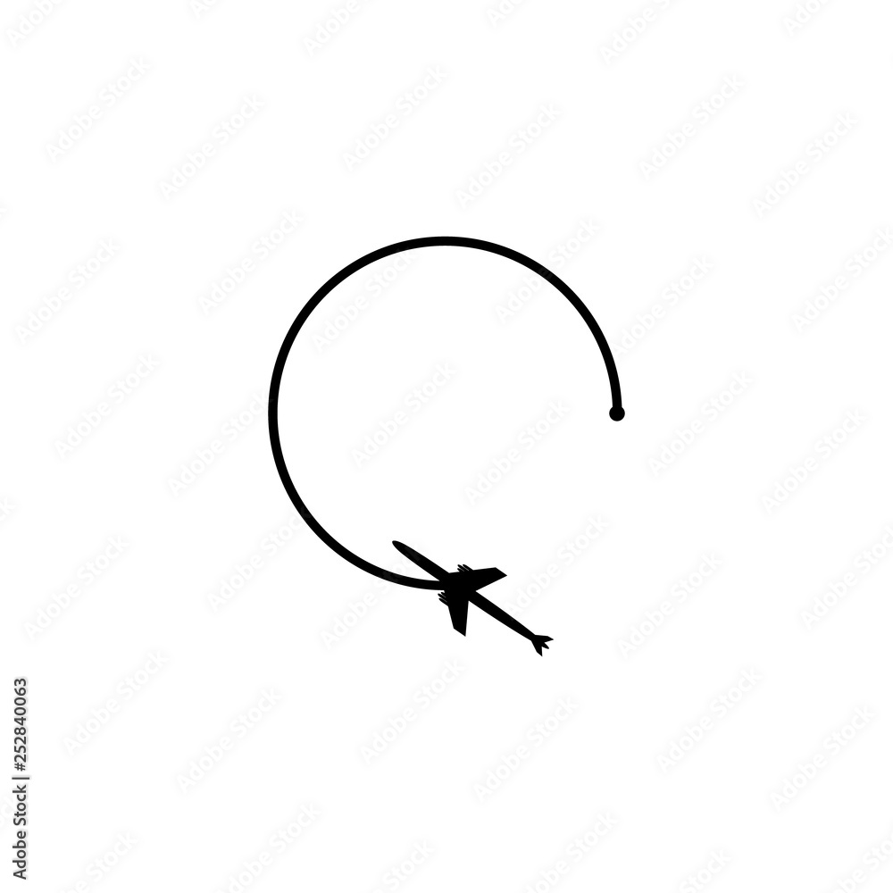 Obraz premium Airplane travel concept. The plane from the starting point and the unbroken line of the route flies in shape on a white background